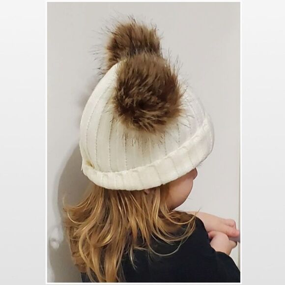 New Double Pompoms Beanie Hat Toddler Kid Cream Chunky Knit - Picture 5 of 14